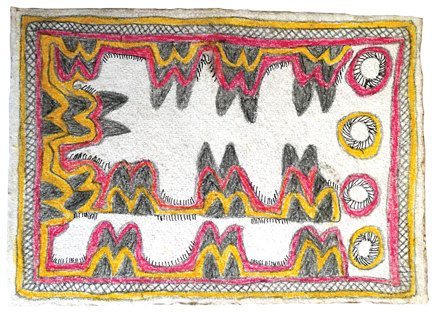 Australian Indigenous (Aboriginal and Torres Strait Islander) artwork by FATE SAVARI (ISAWDI) of Omie Artists. The title is Uehero (Wisdom) – Footprints of Brennan King as he treks from village to village checking nioge (barkcloth) and ije biweje (boys chopping tree branches). [14-246] (Pencil and Ink on Paper)