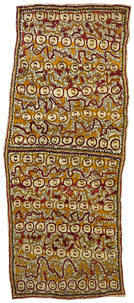 Australian Indigenous (Aboriginal and Torres Strait Islander) artwork by DAPENI JONEVARI (MOKOKARI) of Omie Artists. The title is Ujawé soru’e (Asimano’e, taigu taigu’e, odunaigö’e ohu’o vinohu’e) ohu’o dahoru’e – Men’s ceremonial initiation tattoos (Heads of men, pattern of a leaf, jungle vines and Siha’e fruit tattoo design of the bellybutton) and Ömie mountains. [16-017] (Natural Pigments on Nioge (Barkcloth))