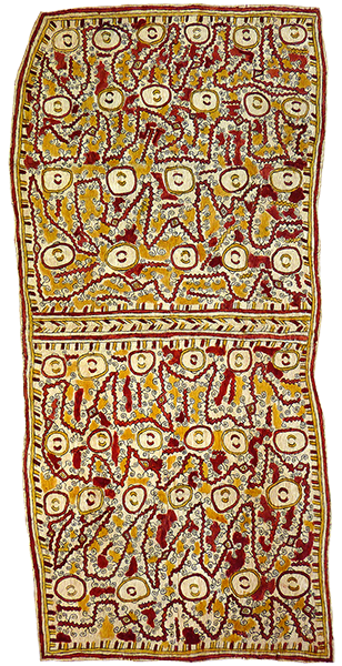 Australian Indigenous (Aboriginal and Torres Strait Islander) artwork by DAPENI JONEVARI (MOKOKARI) of Omie Artists. The title is Ujawé soru’e (Asimano’e, taigu taigu’e, odunaigö’e ohu’o vinohu’e/siha’e) – Men’s ceremonial initiation tattoos (Heads of men, pattern of a leaf, jungle vines and Siha’e fruit design of the bellybutton). [15-079] (Natural Pigments on Nioge (Barkcloth))