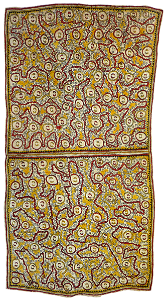 Australian Indigenous (Aboriginal and Torres Strait Islander) artwork by DAPENI JONEVARI (MOKOKARI) of Omie Artists. The title is Ujawé soru’e (Asimano’e, taigu taigu’e, odunaigö’e, vinohu’e ohu’o dahoru’e) – Men’s ceremonial initiation tattoos (Heads of men, pattern of a leaf, jungle vines, Siha’e fruit design of the bellybutton and Ömie mountains). [15-078] (Natural Pigments on Nioge (Barkcloth))