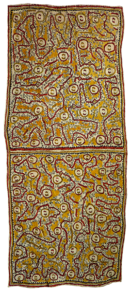 Australian Indigenous (Aboriginal and Torres Strait Islander) artwork by DAPENI JONEVARI (MOKOKARI) of Omie Artists. The title is Ujawé soru’e [Asimano’e (taigu taigu’e, odunaigö’e, vinohu’e) ohu’o dahoru’e] - Men’s ceremonial initiation tattoos [Heads of men (with pattern of a leaf, jungle vines, siha’e fruit design of the bellybutton) and Ömie mountains]. [15-007] (Natural Pigments on Nioge (Barkcloth))