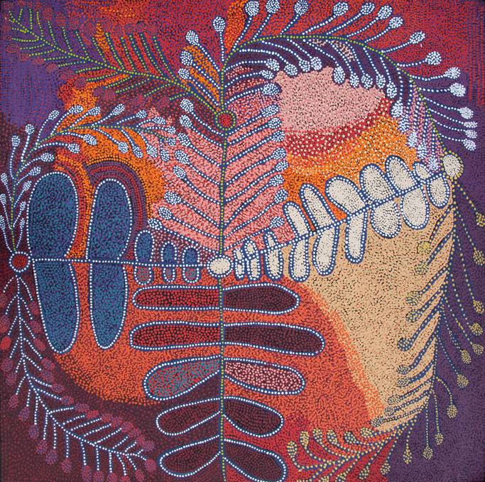 Australian Indigenous (Aboriginal and Torres Strait Islander) artwork by RUBY TJANGAWA WILLIAMSON of Tjala Artists. The title is Ultukunpa - Honey Grevillea. [391-11] (Acrylic on Linen)