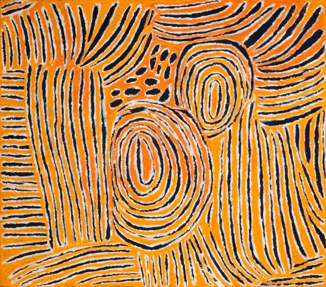 Australian Indigenous (Aboriginal and Torres Strait Islander) artwork by TJUNKIYA NAPALTJARRI of Papunya Tula Artists. The title is Umari. [TN0707102] (Acrylic on Linen)