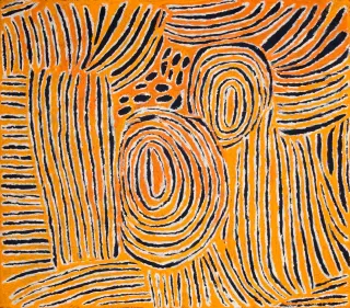Australian Indigenous (Aboriginal and Torres Strait Islander) artwork by TJUNKIYA NAPALTJARRI of Papunya Tula Artists. The title is Umari. [TN0707102] (Acrylic on Linen)
