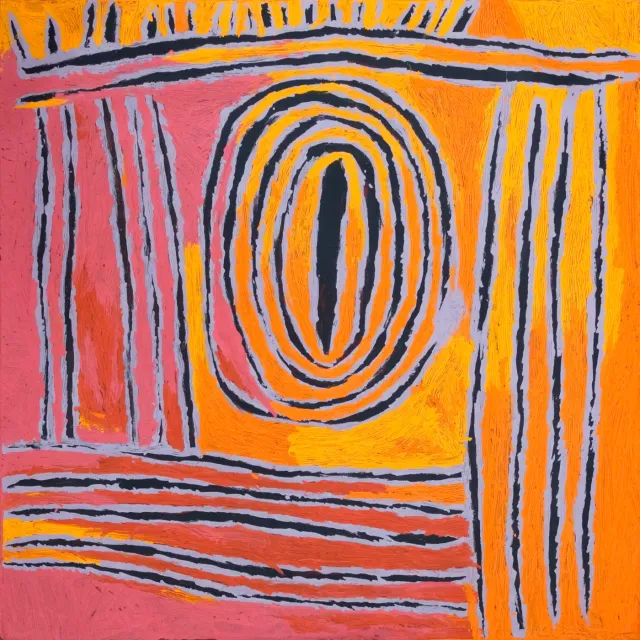 Australian Indigenous (Aboriginal and Torres Strait Islander) artwork by TJUNKIYA NAPALTJARRI of Papunya Tula Artists. The title is Umari. [TN0811240] (Acrylic on Linen)