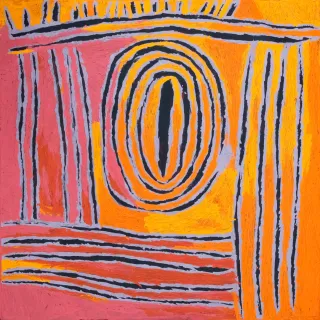 Australian Indigenous (Aboriginal and Torres Strait Islander) artwork by TJUNKIYA NAPALTJARRI of Papunya Tula Artists. The title is Umari. [TN0811240] (Acrylic on Linen)