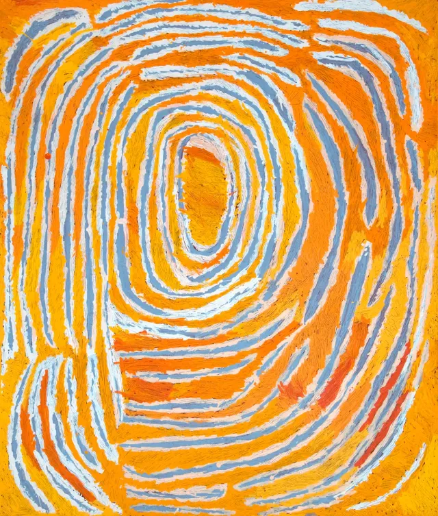 Australian Indigenous (Aboriginal and Torres Strait Islander) artwork by TJUNKIYA NAPALTJARRI of Papunya Tula Artists. The title is Umari. [TN0902113] (Acrylic on Belgian Linen)