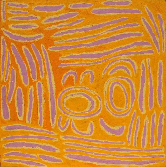 Australian Indigenous (Aboriginal and Torres Strait Islander) artwork by TJUNKIYA NAPALTJARRI of Papunya Tula Artists. The title is Umari. [TN0802038] (Acrylic on Canvas)