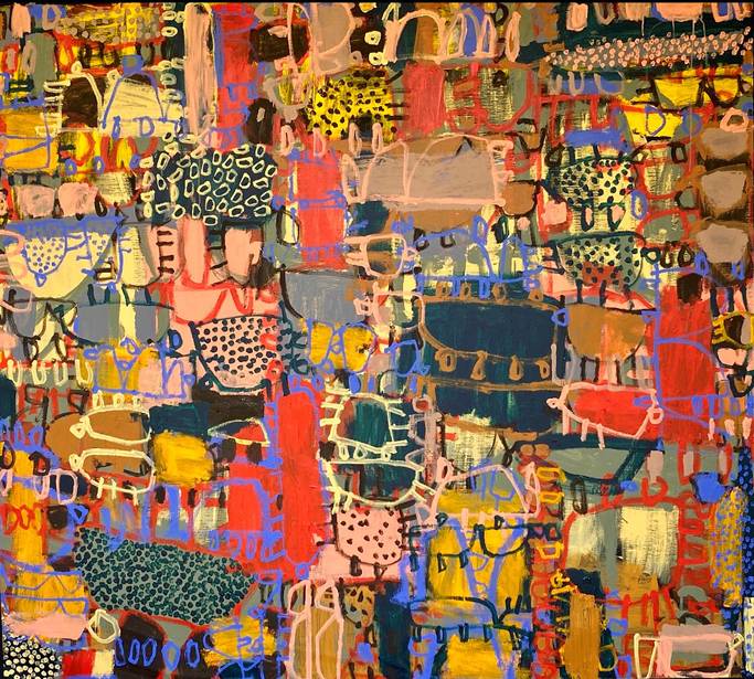 Australian Indigenous (Aboriginal and Torres Strait Islander) artwork by NAOMI HOBSON of Miscellaneous Artists. The title is Under the Paperbark. [NH202110001] (Acrylic on Linen)