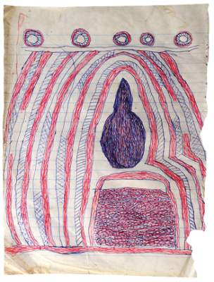 Australian Indigenous (Aboriginal and Torres Strait Islander) artwork by FATE SAVARI (ISAWDI) of Omie Artists. The title is Une ohu’o esoe - Coconut shell drinking vessel and woven string-bag. [12-212] (Ink on Schoolbook Paper)