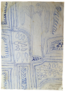 Australian Indigenous (Aboriginal and Torres Strait Islander) artwork by FATE SAVARI (ISAWDI) of Omie Artists. The title is Untitled. [12-221] (Ink on Schoolbook Paper)