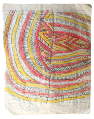 Australian Indigenous (Aboriginal and Torres Strait Islander) artwork by FATE SAVARI (ISAWDI) of Omie Artists. The title is Untitled. [12-225] (Pencil on Schoolbook Paper)