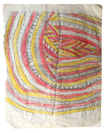 Australian Indigenous (Aboriginal and Torres Strait Islander) artwork by FATE SAVARI (ISAWDI) of Omie Artists. The title is Untitled. [12-225] (Pencil on Schoolbook Paper)