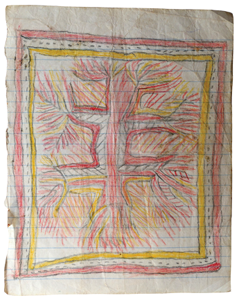 Australian Indigenous (Aboriginal and Torres Strait Islander) artwork by FATE SAVARI (ISAWDI) of Omie Artists. The title is Untitled. [12-228] (Pencil on Schoolbook Paper)