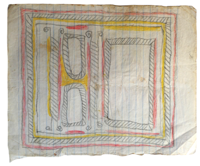 Australian Indigenous (Aboriginal and Torres Strait Islander) artwork by FATE SAVARI (ISAWDI) of Omie Artists. The title is Untitled. [12-229] (Pencil on Schoolbook Paper)