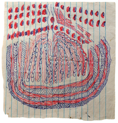 Australian Indigenous (Aboriginal and Torres Strait Islander) artwork by FATE SAVARI (ISAWDI) of Omie Artists. The title is Untitled. [12-231] (Ink on Schoolbook Paper)