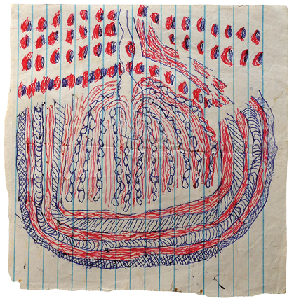 Australian Indigenous (Aboriginal and Torres Strait Islander) artwork by FATE SAVARI (ISAWDI) of Omie Artists. The title is Untitled. [12-231] (Ink on Schoolbook Paper)