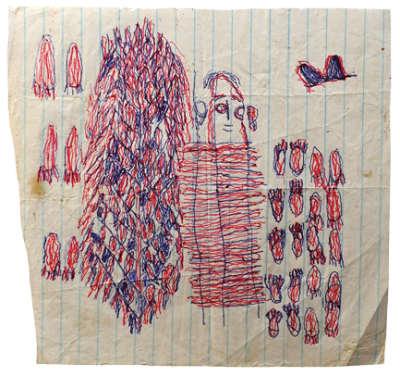 Australian Indigenous (Aboriginal and Torres Strait Islander) artwork by FATE SAVARI (ISAWDI) of Omie Artists. The title is Untitled (Ancestor). [12-230] (Ink on Schoolbook Paper)