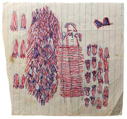 Australian Indigenous (Aboriginal and Torres Strait Islander) artwork by FATE SAVARI (ISAWDI) of Omie Artists. The title is Untitled (Ancestor). [12-230] (Ink on Schoolbook Paper)