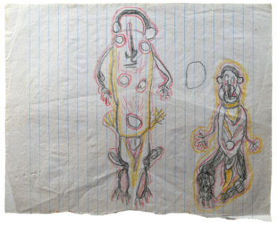 Australian Indigenous (Aboriginal and Torres Strait Islander) artwork by FATE SAVARI (ISAWDI) of Omie Artists. The title is Untitled (Ancestors). [12-222] (Pencil on Schoolbook Paper)