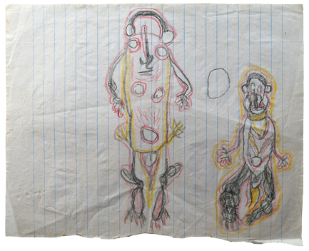 Australian Indigenous (Aboriginal and Torres Strait Islander) artwork by FATE SAVARI (ISAWDI) of Omie Artists. The title is Untitled (Ancestors). [12-222] (Pencil on Schoolbook Paper)