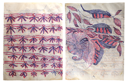 Australian Indigenous (Aboriginal and Torres Strait Islander) artwork by FATE SAVARI (ISAWDI) of Omie Artists. The title is Untitled & Jubuje ohu’o jarihan’e. [12-208 (01 & 02)] (Ink on Schoolbook Paper)