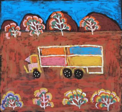 Australian Indigenous (Aboriginal and Torres Strait Islander) artwork by DAN JONES of Tangentyere Artists. The title is Utopia Loading Truck. [TADJ10C3871] (Acrylic on Canvas)
