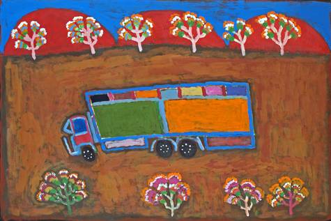 Australian Indigenous (Aboriginal and Torres Strait Islander) artwork by DAN JONES of Tangentyere Artists. The title is Utopia Loading Truck. [TADJ09C3643] (Acrylic on Canvas)
