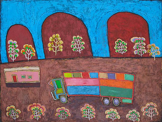 Australian Indigenous (Aboriginal and Torres Strait Islander) artwork by DAN JONES of Tangentyere Artists. The title is Utopia Loading Truck. [DJ10C3894] (Acrylic on Canvas)