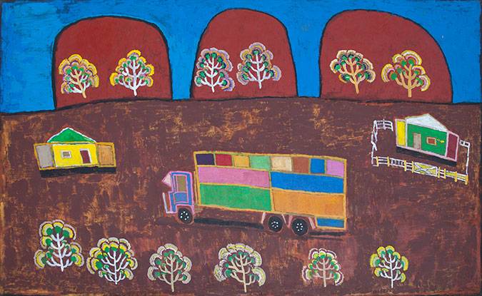 Australian Indigenous (Aboriginal and Torres Strait Islander) artwork by DAN JONES of Tangentyere Artists. The title is Utopia Loading Truck. [DJ10C4330] (Acrylic on Canvas)