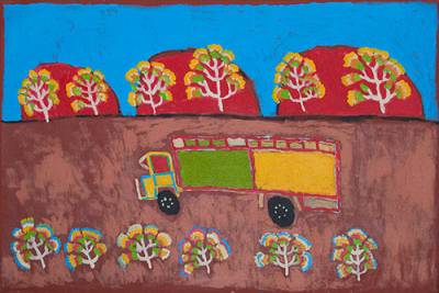 Australian Indigenous (Aboriginal and Torres Strait Islander) artwork by DAN JONES of Tangentyere Artists. The title is Utopia Loading Truck. [DJ11C5182] (Acrylic on Linen)