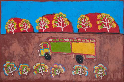 Australian Indigenous (Aboriginal and Torres Strait Islander) artwork by DAN JONES of Tangentyere Artists. The title is Utopia Loading Truck. [DJ11C5182] (Acrylic on Linen)