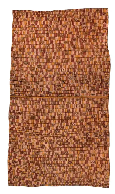 Australian Indigenous (Aboriginal and Torres Strait Islander) artwork by FLORA OVIRO (ANU) of Omie Artists. The title is Vahuhu sine – Skin of the Yellow Snake. [OM10-081] (Natural Pigments on Nioge (Barkcloth))