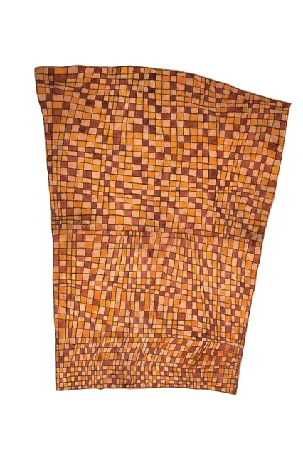 Australian Indigenous (Aboriginal and Torres Strait Islander) artwork by FLORA OVIRO (ANU) of Omie Artists. The title is Vahuhu sine – Skin of the Yellow Snake. [OM10-082] (Natural Pigments on Nioge (Barkcloth))