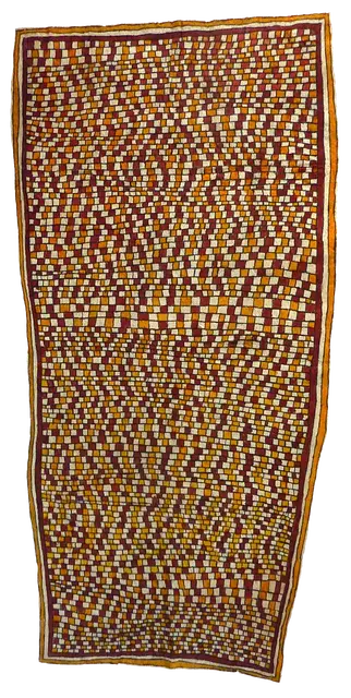 Australian Indigenous (Aboriginal and Torres Strait Islander) artwork by FLORA OVIRO (ANU) of Omie Artists. The title is Vahuhu Sin’e - Skin of the Yellow Snake. [OM12-013] (Natural Pigments on Nioge (Woman’s Barkcloth Skirt))