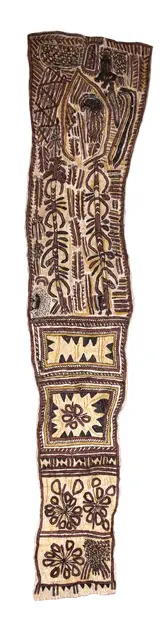 Australian Indigenous (Aboriginal and Torres Strait Islander) artwork by FATE SAVARI (ISAWDI) of Omie Artists. The title is Vetara, the Woman of Mt. Lamington, Ancestral Dahorurajé Clan Stories and Tattoo Designs. [OM10-068] (Natural Pigments on Nioge (Barkcloth))