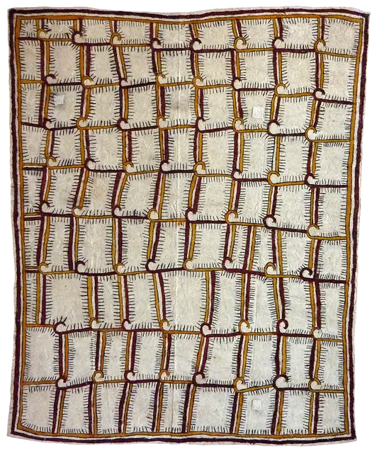 Australian Indigenous (Aboriginal and Torres Strait Islander) artwork by JEAN-MARY WARRIMOU (HUJAMA) of Omie Artists. The title is Vaguré – Fern leaves. [16-019] (Natural Pigments on Nioge (Barkcloth))