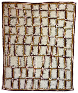 Australian Indigenous (Aboriginal and Torres Strait Islander) artwork by JEAN-MARY WARRIMOU (HUJAMA) of Omie Artists. The title is Vaguré – Fern leaves. [16-019] (Natural Pigments on Nioge (Barkcloth))