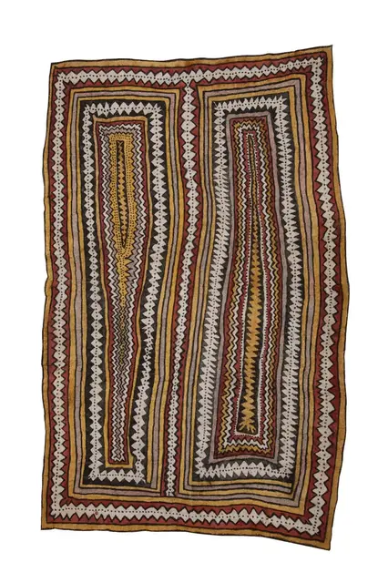 Australian Indigenous (Aboriginal and Torres Strait Islander) artwork by PAULINE-ROSE HAGO (DERAMI) of Omie Artists. The title is Vë’i ija ahe ohu’o sabu ahe - Bone of the Lizard and Spots of the Wood-Boring Grub. [OM10-080] (Natural Pigments on Nioge (Barkcloth))