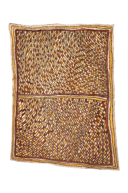 Australian Indigenous (Aboriginal and Torres Strait Islander) artwork by STELLA ÌPIA (AGISÉ) of Omie Artists. The title is Vahuhu sine – Skin of the Yellow Snake. [OM10-083] (Natural Pigments on Nioge (Barkcloth))