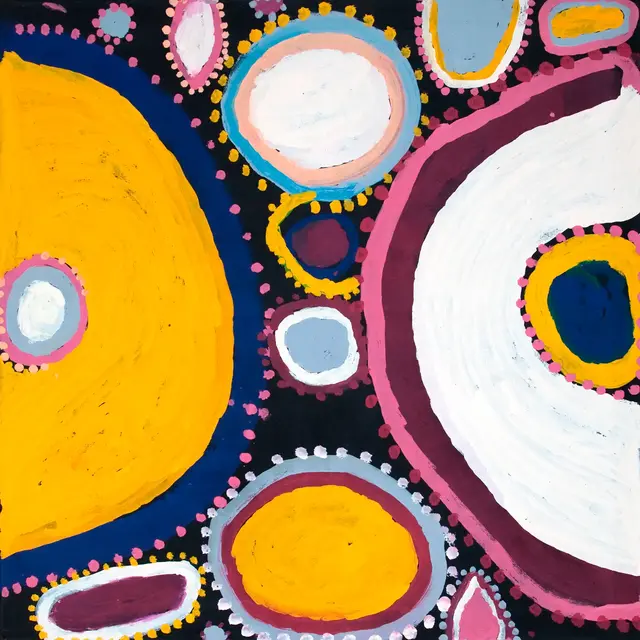 Australian Indigenous (Aboriginal and Torres Strait Islander) artwork by SANDY BRUMBY of Ninuku Arts. The title is Victory Downs. [NKSB11484] (Acrylic on Belgian Linen)