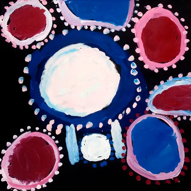 Australian Indigenous (Aboriginal and Torres Strait Islander) artwork by SANDY BRUMBY of Ninuku Arts. The title is Victory Downs. [NKSB12183] (Acrylic on Linen)