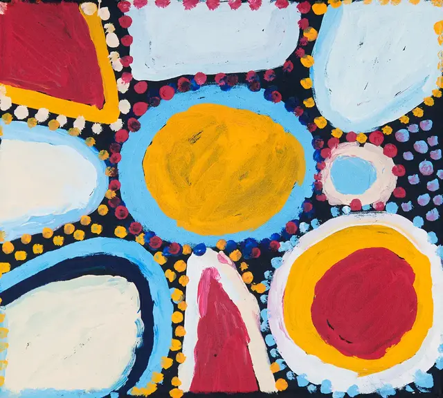 Australian Indigenous (Aboriginal and Torres Strait Islander) artwork by SANDY BRUMBY of Ninuku Arts. The title is Victory Downs. [11373] (Acrylic on Linen)