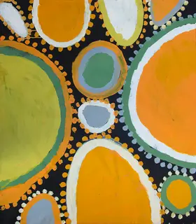 Australian Indigenous (Aboriginal and Torres Strait Islander) artwork by SANDY BRUMBY of Ninuku Arts. The title is Victory Downs. [15-165] (Acrylic on Belgian Linen)