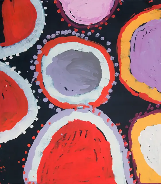 Australian Indigenous (Aboriginal and Torres Strait Islander) artwork by SANDY BRUMBY of Ninuku Arts. The title is Victory Downs. [15-169] (Acrylic on Belgian Linen)