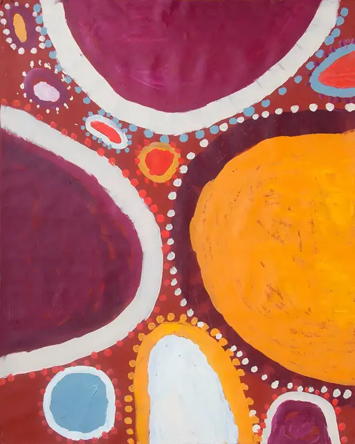 Australian Indigenous (Aboriginal and Torres Strait Islander) artwork by SANDY BRUMBY of Ninuku Arts. The title is Victory Downs. [15-174] (Acrylic on Linen)