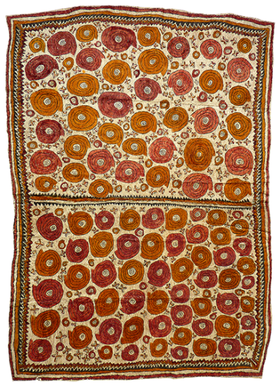 Australian Indigenous (Aboriginal and Torres Strait Islander) artwork by DIONA JONEVARI (SUWARARI) of Omie Artists. The title is Vaigu dere, jij’e, dahoru’e ohu’o buborianö’e – Bush snail shells, stars, Ömie mountains and beaks of the Papuan Hornbill. [15-046] (Natural Pigments on Nioge (Barkcloth))