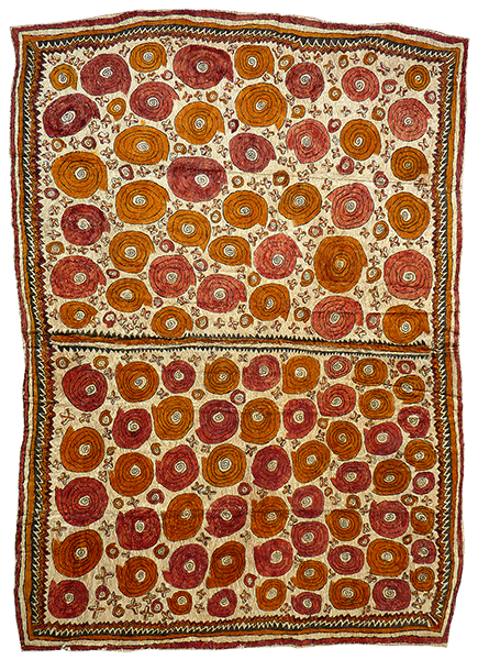 Australian Indigenous (Aboriginal and Torres Strait Islander) artwork by DIONA JONEVARI (SUWARARI) of Omie Artists. The title is Vaigu dere, jij’e, dahoru’e ohu’o buborianö’e – Bush snail shells, stars, Ömie mountains and beaks of the Papuan Hornbill. [15-046] (Natural Pigments on Nioge (Barkcloth))