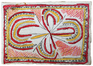 Australian Indigenous (Aboriginal and Torres Strait Islander) artwork by FATE SAVARI (ISAWDI) of Omie Artists. The title is Varib’e - Dahorurajé clan design of the small palm. [14-223] (Pencil and Ink on Paper)