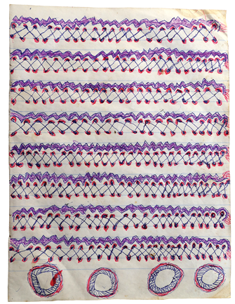 Australian Indigenous (Aboriginal and Torres Strait Islander) artwork by FATE SAVARI (ISAWDI) of Omie Artists. The title is Vene vitwé, hitai hu’e ohu’o ije biweje - Fireplace, stones for cooking and boys chopping tree branches. [12-209] (Ink on Schoolbook Paper)